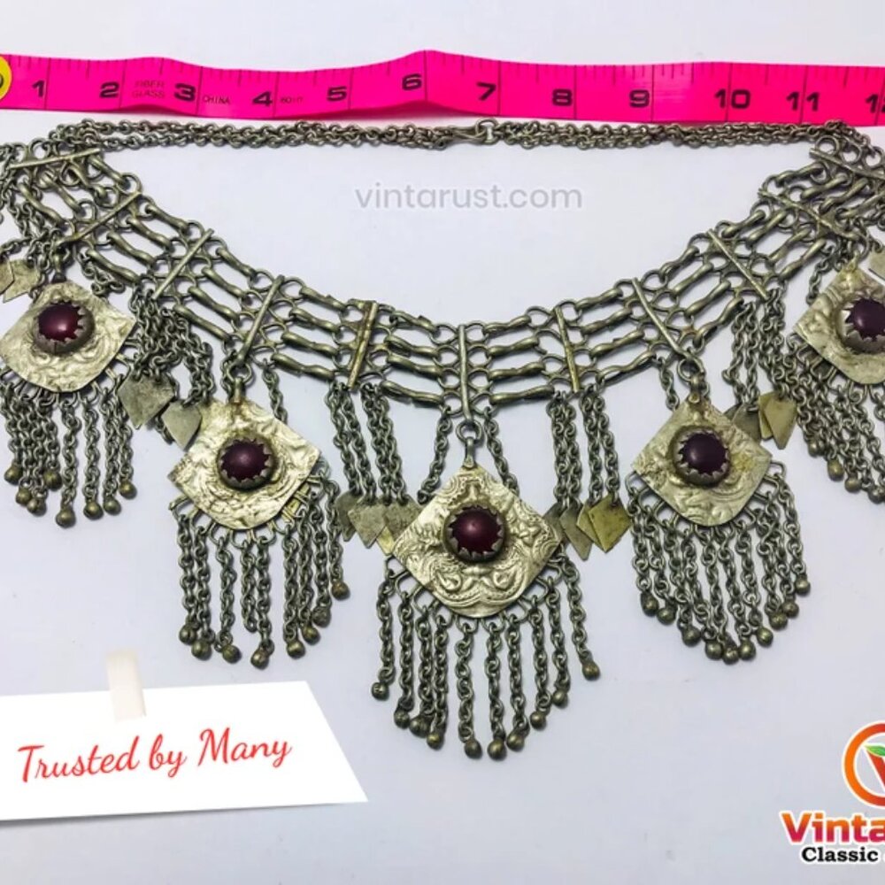 Vintage Dangling Five Pendant Handmade Necklace, Antique Silver Kuchi necklace - Picture 7 of 11
